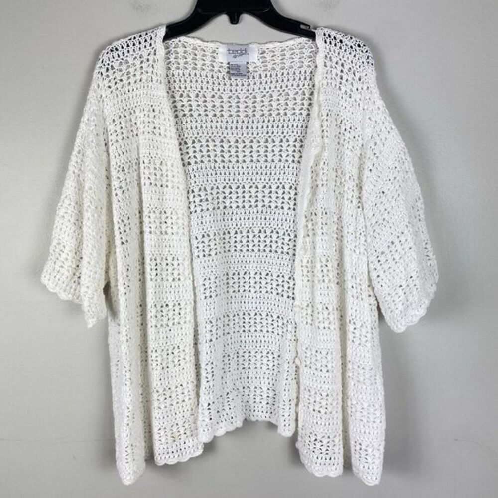 Vintage Crochet Top Button Cardigan 3X White 90s‎ Y2K Boho Festival Cottagecore